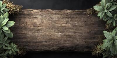 Rustic Wooden Sign Board with Green Plants and Dried Flowers photo
