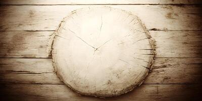 Oval Tree Stump Cross Section on Rustic Wooden Background photo