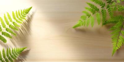 Light Wood Background with Fern Branches and Shadows photo