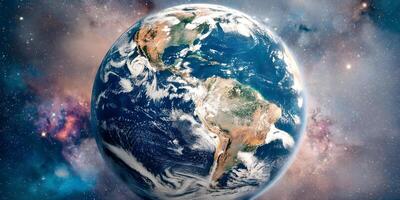 Earth from Space North and South America continents visible detailed view with nebula background photo