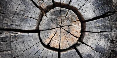 Detailed Closeup of Old Tree Stump Cross Section with Cracks and Rings photo