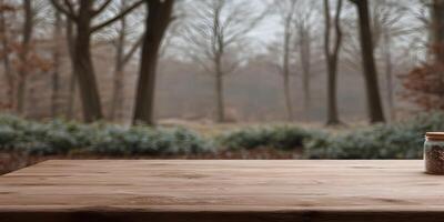 Wooden Tabletop Autumn Forest Background Jar of Seeds photo