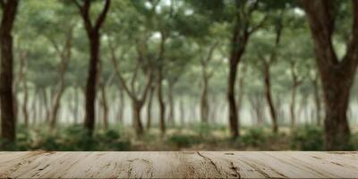 Wooden Tabletop Empty Surface in Blurred Forest Background photo