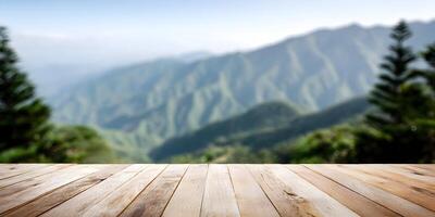 Wooden Tabletop Empty Surface Mountain Landscape Background photo