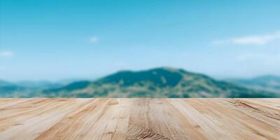 Wooden Tabletop Against Blurred Mountain Landscape Background Light Brown Wood Texture Table Top View Summer Scenery photo