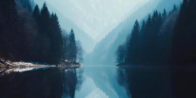 Serene Winter Lake Surrounded by Misty Mountains and Pine Trees photo