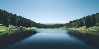 Calm Mountain Lake Surrounded by Lush Evergreen Forest Tranquil Nature Scenery photo