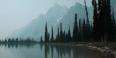 Misty Mountain Lake Serenity Tall Pine Trees Scenic View Calm Water Landscape photo