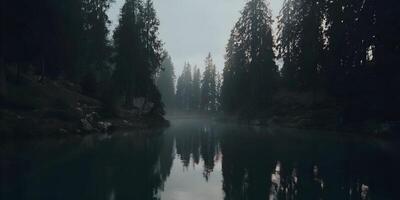 Dark Moody Forest Lake Mist Nature Scenery Calm Water Reflection Trees photo