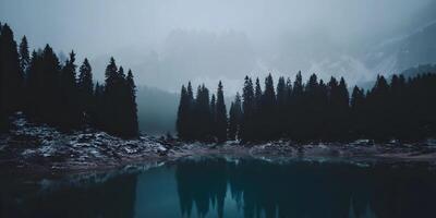 Misty Mountain Lake with Dark Coniferous Forest Reflection photo