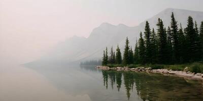 Misty Mountain Lake Serenity Calm Water Reflection Pines Trees photo