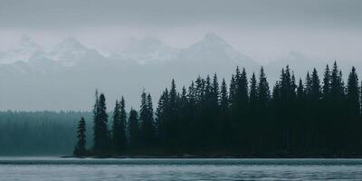 Misty Mountain Lake with Evergreen Trees Island photo