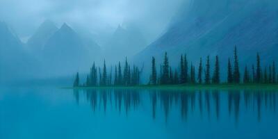 Misty Mountain Lake with Evergreen Trees Reflection photo