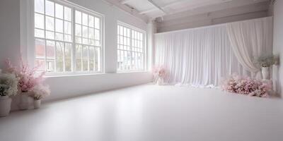 White Studio Room with Large Windows Pink Flowers White Curtains photo