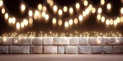White Brick Wall with Fairy Lights and Bokeh Background photo