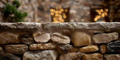 Rustic Stone Wall Texture with Bokeh Lights Background photo