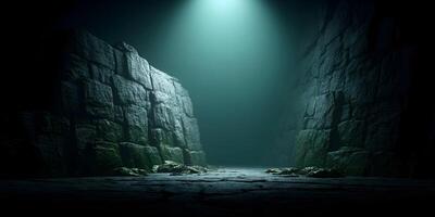 Dark Stone Passage Mysterious Green Light Illuminated Ancient Ruins Pathway photo