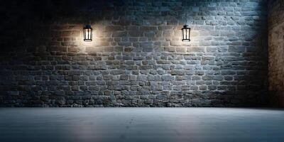 Dark Room Stone Wall Background Two Hanging Lanterns Illuminated Brickwork Interior Design photo