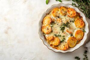 Overhead shot presents scalloped potatoes au gratin seasoned with thyme, displayed on textured background photo