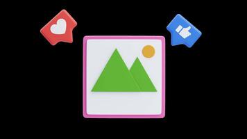 3d animação do foto postar com gostar e coração ícones video
