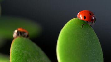 Ladybug exploring green leaves in the morning dew amidst lush grass and colorful flowers video