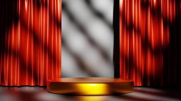 3D rendering of empty gold podium for product background with red curtains video