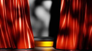 3D rendering of empty gold podium for product background with open red curtains video