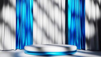 3D rendering of empty white podium for product background with blue and white curtains video