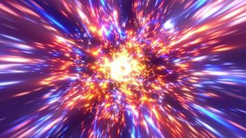 Abstract energetic background with bright rays of light and bright glowing moving particles of dust and light. seamless loop. Hyperspace jump through the stars into space. video