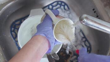 A hand in a blue glove washes a cup with a brush in a sink under running water with foam video