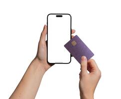 Hand holding a smartphone displaying a bank card for online payment. Smart, cashless transaction for photo