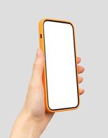 Smartphone in hand, showing screen. Modern mobile device, business app, and communication tool. photo