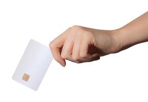 Bank card held in hand, showcasing a modern design with a chip. Cashless payment concept, ideal for photo