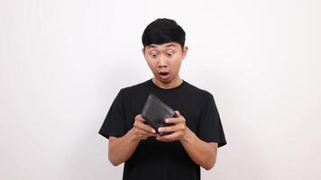 Asian man black shirt find money in his wallet and feel sad looking up isolated video