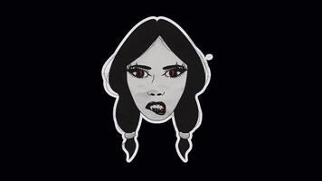 Loop animation of vampire girl sticker with sharp fangs and fiery red eyes on an unwrapped sheet of paper with transparent background video