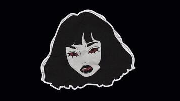Looping animation of a mysterious gothic vampire woman with fiery red eyes on a transparent background, unwrapped sticker style video