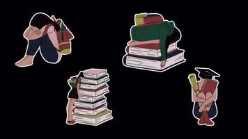 Looping unfolded paper sticker set of a stressed school girl with a stack of books on transparent background reflecting student mental health video