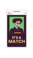 Online dating match notification screen 2D cartoon vertical animation. Mutual love phone interface with profile picture of smiling latino man animated flat colorful object 4K isolated on white video