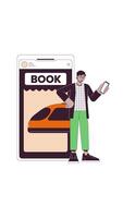 Train booking on smartphone app 2D vertical animation. Ticket purchase. Arab man using mobile reservation for rail travel animated character cartoon flat concept metaphor 4K isolated on white video