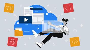 Cloud-based web development 2D animation concept. Black woman developer floating amidst programming code, data charts, mixed media animated cartoon flat metaphor creative 4K stop motion video
