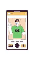 Mobile app with selfie viewfinder interface 2D cartoon vertical animation. Camera mode on smartphone screen. Phone portrait capture animated flat colorful object 4K isolated on white video