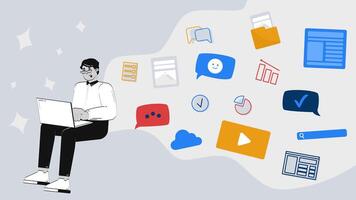 Content creation in digital marketing 2D animation concept. Productivity analysis. Remote job. CMS manager. Multitasking laptop user animated cartoon flat metaphor creative 4K stop motion video