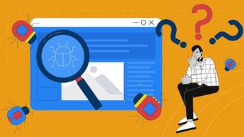 insetos detecção e depuração dentro rede desenvolvimento 2d animação conceito. cíber segurança. Programas teste. confuso desenvolvedor ampliação vidro animado desenho animado plano metáfora criativo 4k Pare movimento video