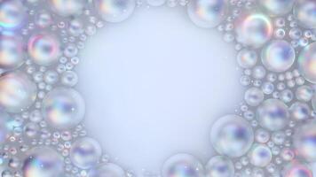 Abstract background animation featuring glowing, translucent bubbles or pearls with colorful reflections, arranged around a luminous central space. Ideal for beauty, cosmetic, or luxury product video