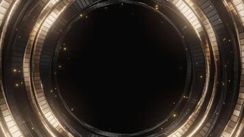 bright golden light particles and dots moving around a circular structure with segments on a dark background, creating an abstract and futuristic visual effect. video