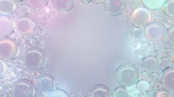 Macro view of shimmering, translucent bubbles moving gently against a pastel gradient background with sparkling particles. Ideal for cosmetic, beauty, or abstract themes. video