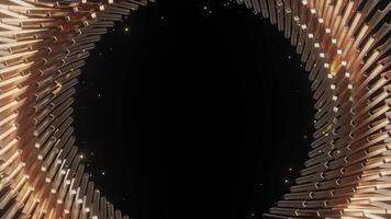 An abstract animation features shimmering gold bars forming a dynamic circular frame, accented by bright bokeh lights and subtle dust particles against a dark background, perfect for opener or video
