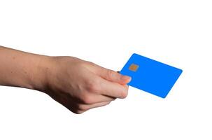 Bank card held in hand with a bright blue and white design, featuring a chip. Customer using the photo