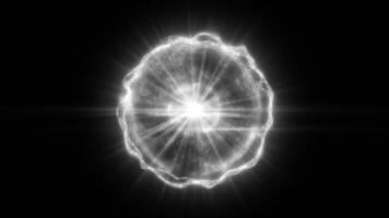 Abstract glowing white energy sphere radiating light beams in a dark void, evoking futuristic scientific concepts video