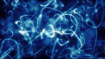 Abstract glowing blue fiber optic strands swirling in a dynamic digital network formation video